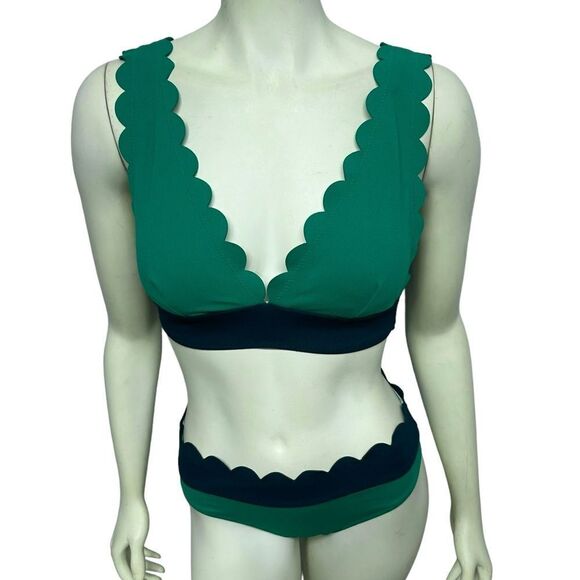 Cupshe Green Bikini Navy Blue Scalloped Trim Padded Triangle Top Size Medium - Picture 3 of 13